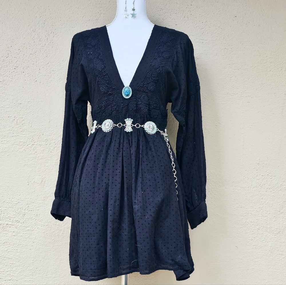 Free People Black Sugarpie Mini Dress w/ an Open Back & Balloon Sleeves Sz Large
